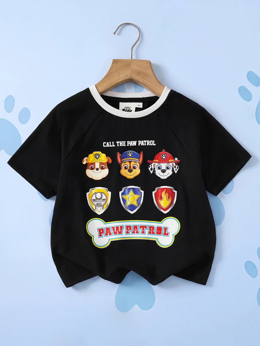 SHEIN | PAW Patrol 1pc Fun Casual Style Young Boy Cartoon Print Crew Neck Short Sleeve Raglan T-Shirt - Black and White - View 1