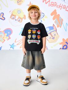 SHEIN | PAW Patrol 1pc Fun Casual Style Young Boy Cartoon Print Crew Neck Short Sleeve Raglan T-Shirt - Black and White - View 4
