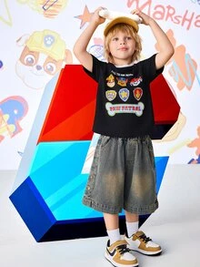 SHEIN | PAW Patrol 1pc Fun Casual Style Young Boy Cartoon Print Crew Neck Short Sleeve Raglan T-Shirt - Black and White - View 6