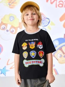 SHEIN | PAW Patrol 1pc Fun Casual Style Young Boy Cartoon Print Crew Neck Short Sleeve Raglan T-Shirt - Black and White - View 3