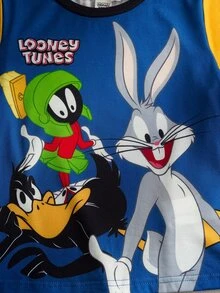 LOONEY TUNES X SHEIN 2pcs/Set Young Boy Casual Sports Style Outfit, Round Neck Short Sleeve T-Shirt And Pants, Comfortable Collaboration Design - Multicolor - View 9