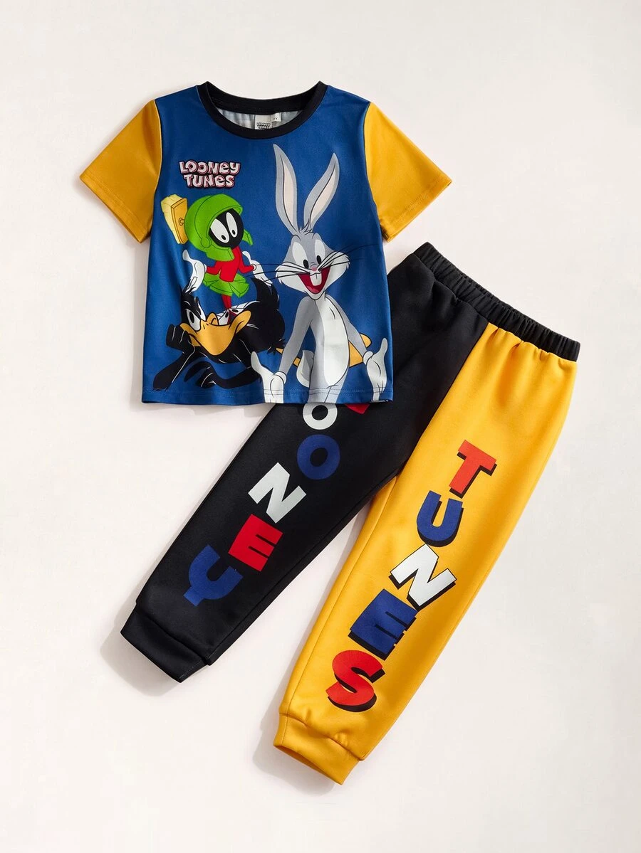 LOONEY TUNES X SHEIN 2pcs/Set Young Boy Casual Sports Style Outfit, Round Neck Short Sleeve T-Shirt And Pants, Comfortable Collaboration Design - Multicolor - View 1