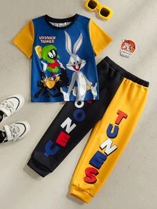 LOONEY TUNES X SHEIN 2pcs/Set Young Boy Casual Sports Style Outfit, Round Neck Short Sleeve T-Shirt And Pants, Comfortable Collaboration Design - Multicolor - View 3