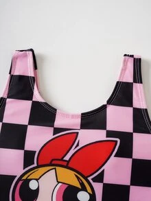 THE POWERPUFF GIRLS X SHEIN 少女格子卡通印花连体泳衣 - 彩色 - 查看 3