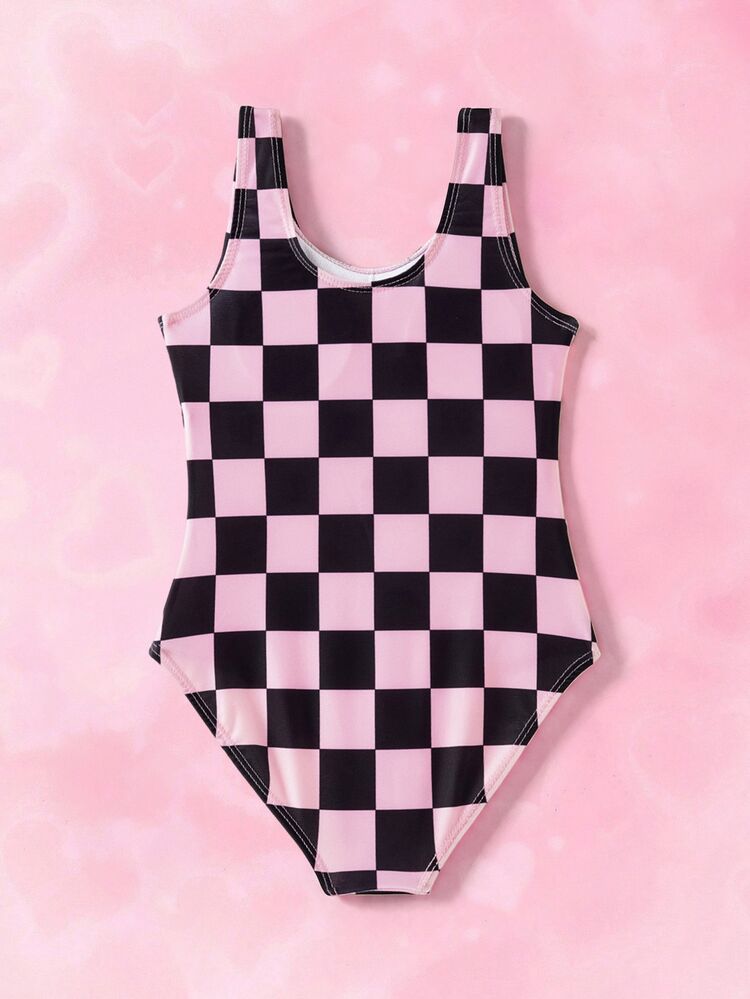 THE POWERPUFF GIRLS X SHEIN Tween Girl Checkered Cartoon Print One-Piece Swimsuit - Multicolor - View 2