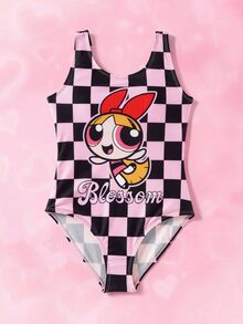 THE POWERPUFF GIRLS X SHEIN 少女格子卡通印花连体泳衣 - 彩色 - 查看 1