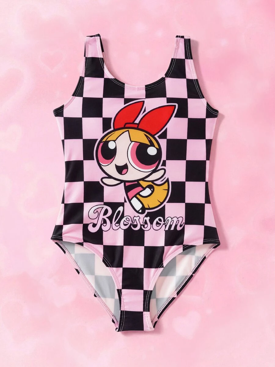 THE POWERPUFF GIRLS X SHEIN 少女格子卡通印花连体泳衣 - 彩色 - 查看 1