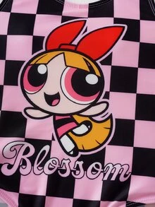 THE POWERPUFF GIRLS X SHEIN 少女格子卡通印花连体泳衣 - 彩色 - 查看 4