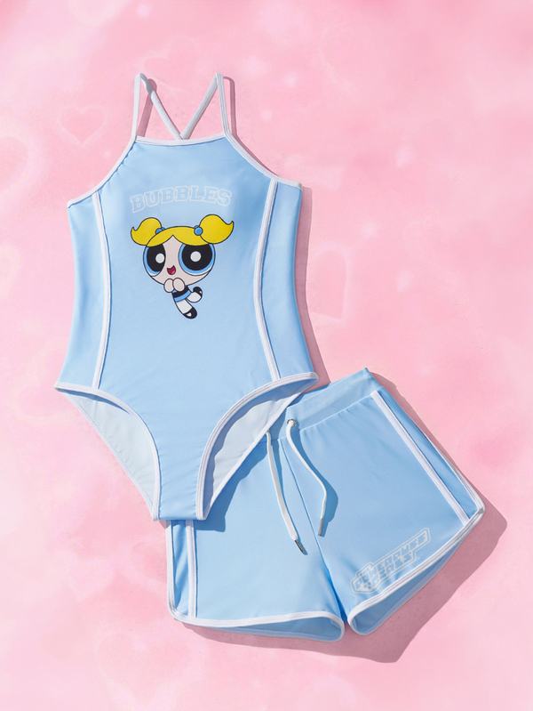 THE POWERPUFF GIRLS X SHEIN 少女卡通印花连体泳衣，带短裤，适合海滩/度假