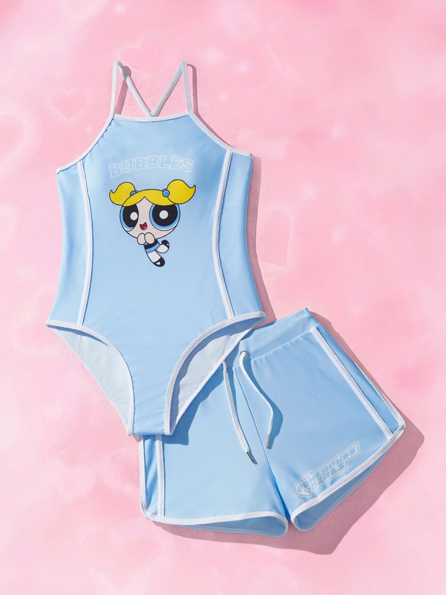 THE POWERPUFF GIRLS X SHEIN بدلة سباحة قطعة واحدة مع شورت بطباعة رسوم كرتونية للفتيات المراهقات، للشاطئ والمنتجعات - أزرق فاتح اللون - مشاهدة 1