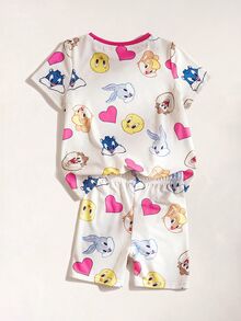 LOONEY TUNES X SHEIN 女童休闲可爱卡通印花圆领短袖T恤短裤套装，夏季 - 彩色 - 查看 2