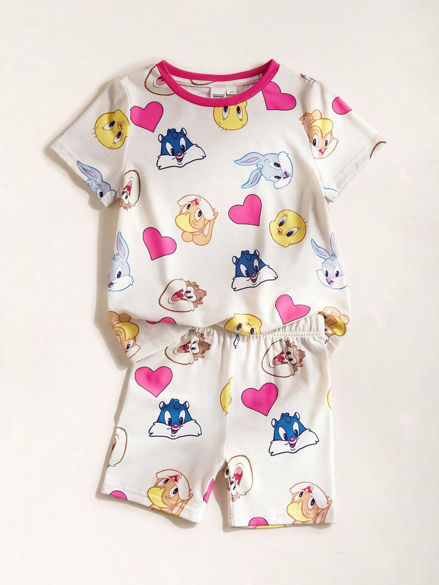 LOONEY TUNES X SHEIN 女童休闲可爱卡通印花圆领短袖T恤短裤套装,夏季 - 彩色 - 查看 1