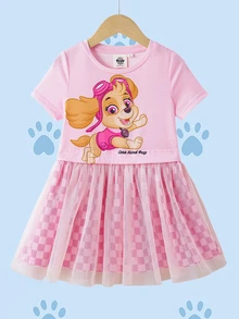 SHEIN | PAW Patrol 1pc Young Girl Summer Cute Round Neck Short Sleeve Mesh Hem Comfortable Dress - Pink - View 1