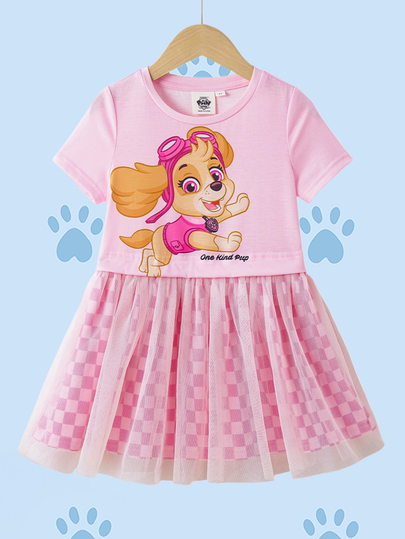 SHEIN | PAW Patrol 1 vnt. Jaunos mergaitės vasarinė miela apvali kaklo trumpomis rankovėmis tinklinio apvado patogi suknelė