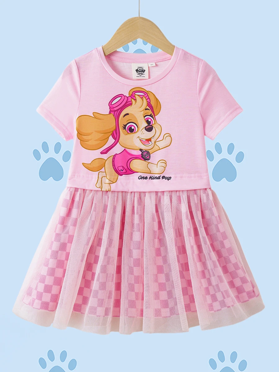 SHEIN | PAW Patrol 1pc Young Girl Summer Cute Round Neck Short Sleeve Mesh Hem Comfortable Dress - Pink - View 1