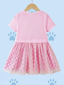 SHEIN | PAW Patrol 1pc Young Girl Summer Cute Round Neck Short Sleeve Mesh Hem Comfortable Dress - Pink - View 2