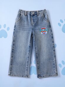 SHEIN | PAW Patrol Young Boy Letter & Puppy Print Cute Versatile Pocket Zipper Denim Jeans - Blue - View 2