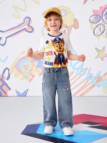 SHEIN | PAW Patrol Young Boy Letter & Puppy Print Cute Versatile Pocket Zipper Denim Jeans - Blue - View 4