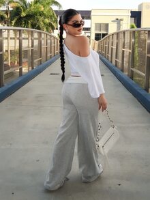 Dayanna Comas 女士冬季街头服饰外出休闲返校复古日常服饰 Y2K 罗纹针织白色翻领长裤法式灰色喇叭裤 - 灰色 - 查看 2