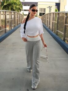 Dayanna Comas 女士冬季街头服饰外出休闲返校复古日常服饰 Y2K 罗纹针织白色翻领长裤法式灰色喇叭裤 - 灰色 - 查看 6