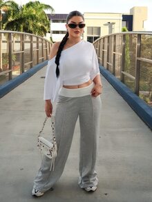 Dayanna Comas 女士冬季街头服饰外出休闲返校复古日常服饰 Y2K 罗纹针织白色翻领长裤法式灰色喇叭裤 - 灰色 - 查看 1