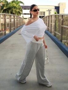 Dayanna Comas 女士冬季街头服饰外出休闲返校复古日常服饰 Y2K 罗纹针织白色翻领长裤法式灰色喇叭裤 - 灰色 - 查看 4