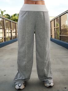 Dayanna Comas 女士冬季街头服饰外出休闲返校复古日常服饰 Y2K 罗纹针织白色翻领长裤法式灰色喇叭裤 - 灰色 - 查看 3
