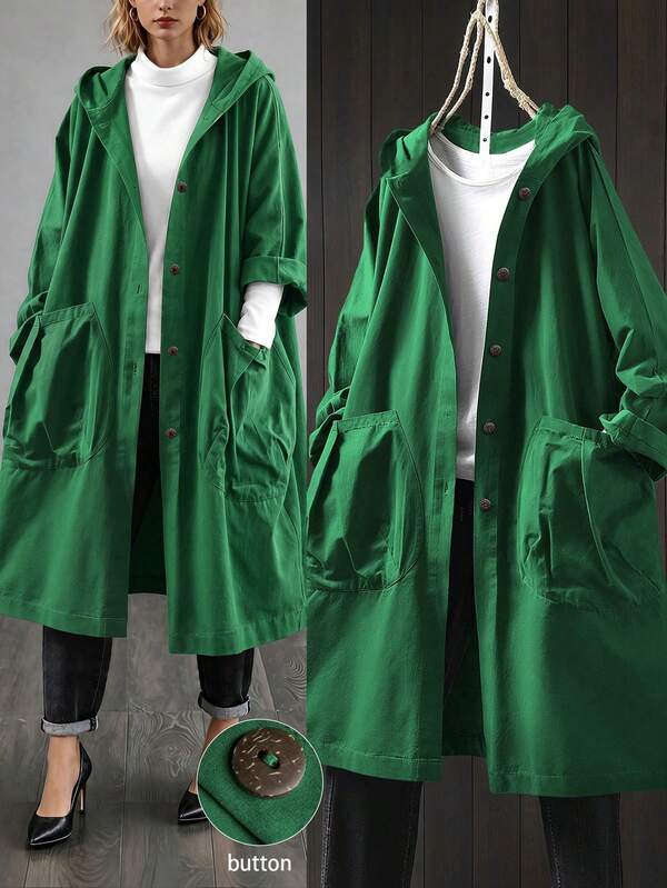 EMERY ROSE Plus Size Casual Hooded Long Jacket With Large Pockets Fall
