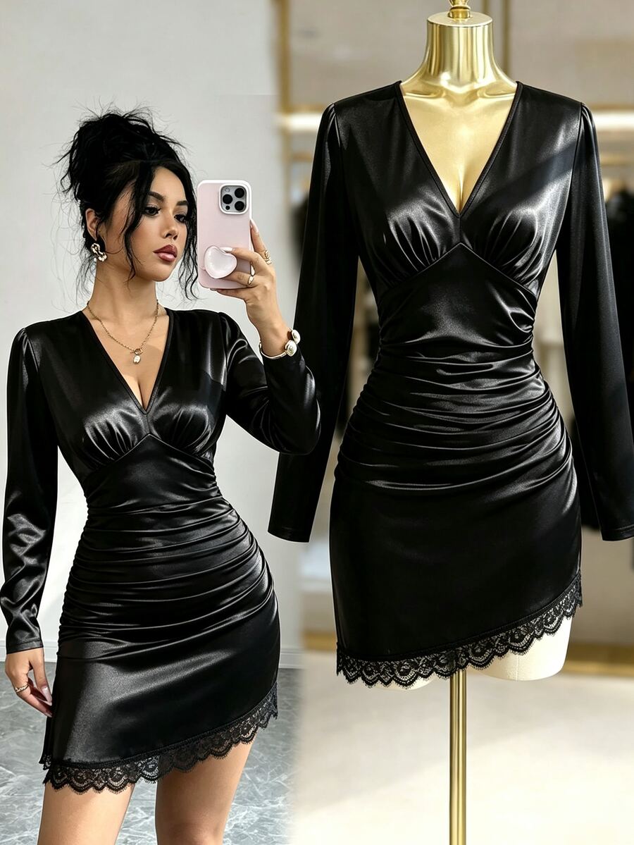 Selianne Gaun Bodycon Satin Berkerut dengan Hiasan Renda dan Leher V Dalam - Hitam - View 1