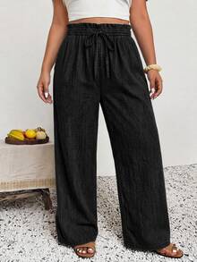 SHEIN Frenchy Plus Paperbag Drawstring Waist Straight Leg Pants Fall - Black - View 5