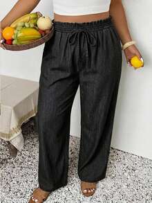 SHEIN Frenchy Plus Paperbag Drawstring Waist Straight Leg Pants Fall - Black - View 1