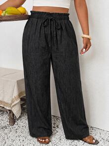 SHEIN Frenchy Plus Paperbag Drawstring Waist Straight Leg Pants Fall - Black - View 6