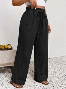 SHEIN Frenchy Plus Paperbag Drawstring Waist Straight Leg Pants Fall - Black - View 4