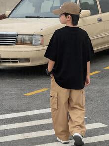 2件套，买一送一，儿童/青少年男童休闲宽松黑色T恤和工装裤运动套装，适合春夏季各种场合，如郊游、情人节、约会、旅行、度假、家庭聚会、返校、婚礼、派对、运动、生日等。 - 彩色 - 查看 3