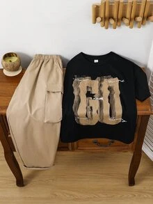 2件套，买一送一，儿童/青少年男童休闲宽松黑色T恤和工装裤运动套装，适合春夏季各种场合，如郊游、情人节、约会、旅行、度假、家庭聚会、返校、婚礼、派对、运动、生日等。 - 彩色 - 查看 5