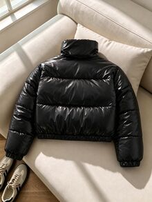 SHEIN Sparklyn 女童加厚毛絨修身收腰拉鍊連帽外套，圖案校園風，冬季長袖黑白豹紋外套，適合社團與健身房 - 彩色 - 查看 2