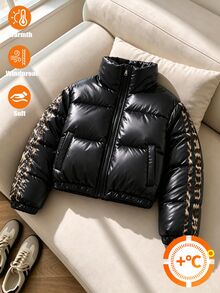 SHEIN Sparklyn 女童加厚毛絨修身收腰拉鍊連帽外套，圖案校園風，冬季長袖黑白豹紋外套，適合社團與健身房 - 彩色 - 查看 4