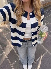 Tween Girl Loose Casual Minimalist Comfortable Round Neck Button-Up Striped Colorblock Cardigan , Autumn/Winter Halloween/Christmas Party - Blue and White - View 12