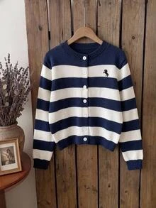 Tween Girl Loose Casual Minimalist Comfortable Round Neck Button-Up Striped Colorblock Cardigan , Autumn/Winter Halloween/Christmas Party - Blue and White - View 14
