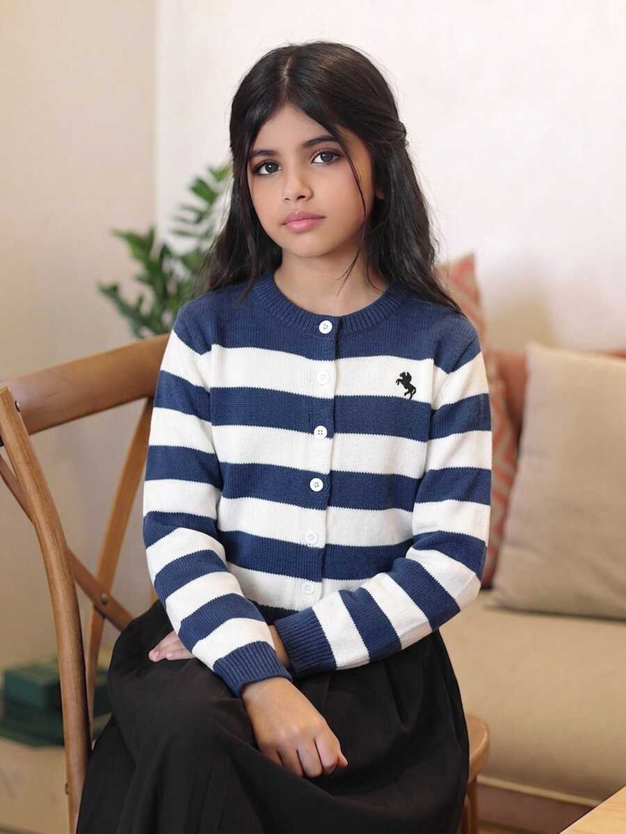 Tween Girl Loose Casual Minimalist Comfortable Round Neck Button-Up Striped Colorblock Cardigan , Autumn/Winter Halloween/Christmas Party - Blue and White - View 1