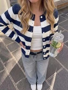 Tween Girl Loose Casual Minimalist Comfortable Round Neck Button-Up Striped Colorblock Cardigan , Autumn/Winter Halloween/Christmas Party - Blue and White - View 13