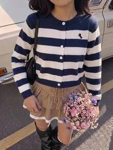 Tween Girl Loose Casual Minimalist Comfortable Round Neck Button-Up Striped Colorblock Cardigan , Autumn/Winter Halloween/Christmas Party - Blue and White - View 15