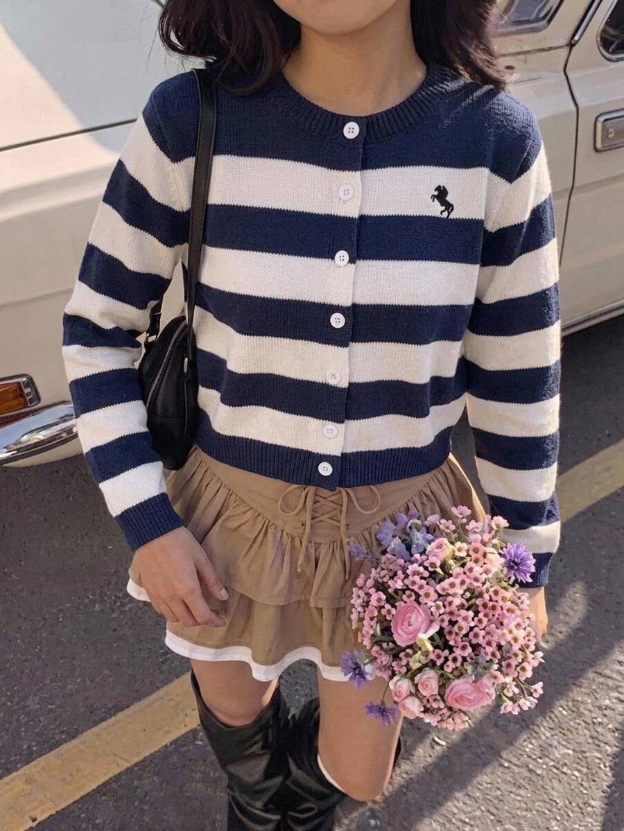 Tween Girl Loose Casual Kids Minimalist Comfortable Round Neck Button-Up Striped Colorblock Cardigan , Autumn/Winter Halloween/Christmas Party - Blue and White - View 1