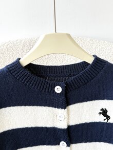 Tween Girl Loose Casual Minimalist Comfortable Round Neck Button-Up Striped Colorblock Cardigan , Autumn/Winter Halloween/Christmas Party - Blue and White - View 4