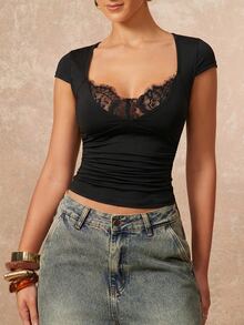 Lumalex Black Summer Women's Lace Patchwork Waist Fitted Knit Top,Seksi Chic Night Out Style For Beach To Evenings,Quiet Luxury Party Flair For Any Occasion - Black - View 6