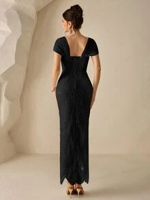 Coutiva Winter Water-Soluble Floral Pearl Drop-Shoulder Sleeve Square Neck Backless Straight-Cut Formal Elegant Evening Vow Dress Birthday Partie Black - Black - View 2