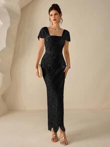 Coutiva Winter Water-Soluble Floral Pearl Drop-Shoulder Sleeve Square Neck Backless Straight-Cut Formal Elegant Evening Vow Dress Birthday Partie Black - Black - View 1