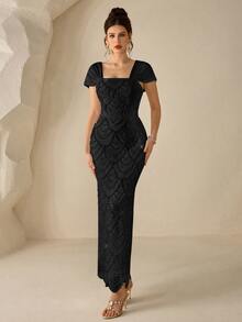 Coutiva Winter Water-Soluble Floral Pearl Drop-Shoulder Sleeve Square Neck Backless Straight-Cut Formal Elegant Evening Vow Dress Birthday Partie Black - Black - View 6