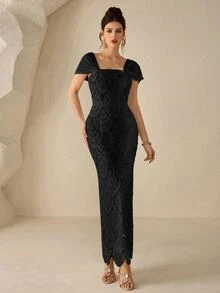 Coutiva Winter Water-Soluble Floral Pearl Drop-Shoulder Sleeve Square Neck Backless Straight-Cut Formal Elegant Evening Vow Dress Birthday Partie Black - Black - View 5