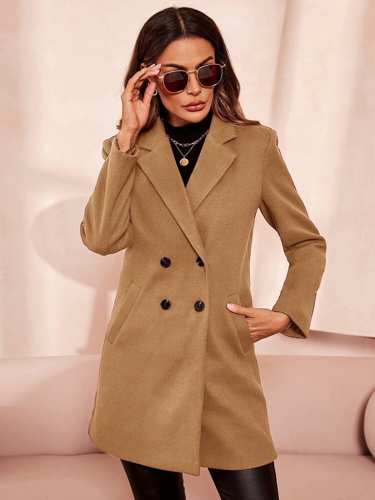 SHEIN Clasi Women's Double Breasted Woolen Coat In Fall/Winter - Khaki - View 6